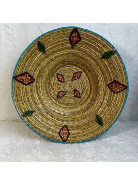 Handwoven Straw Basket With Embroidered Accents & Blue Trim - 12" Diameter